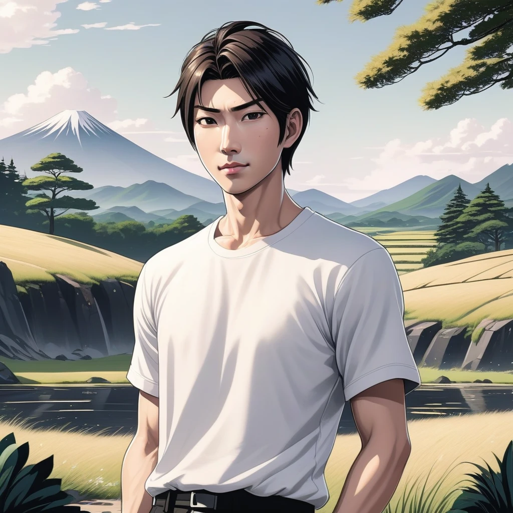 A gentle and warm illustration of a Japanese man in his early 30s with short hair, wearing a white T-shirt and black pants. He is slim and about 170cm tall, with a friendly rather than handsome face. He has a gentle smile and a slightly melancholic look in his eyes. The background is a beautiful landscape where digital and nature are fused. The overall style should be natural and approachable, emphasizing trustworthiness.
