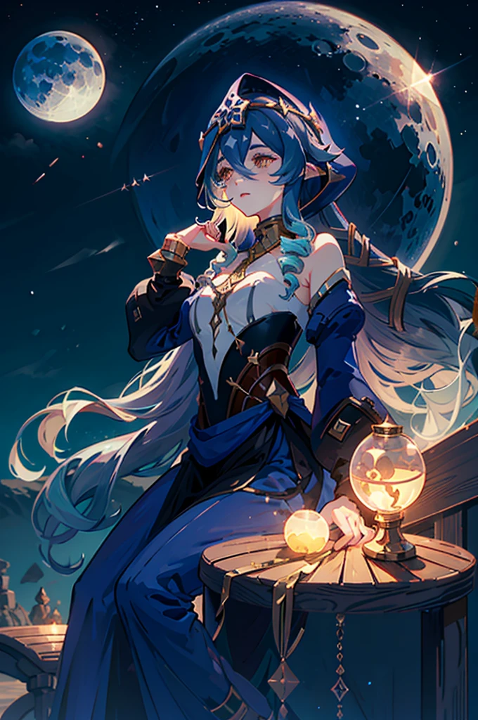 layla, twin drills, drill locks, hood, long sleeves, juliet sleeves, sitting on the moon, in the sky, night time, gradient sky, starry sky, beautiful lighting, glowing, realistic soft lighting, amazed expression