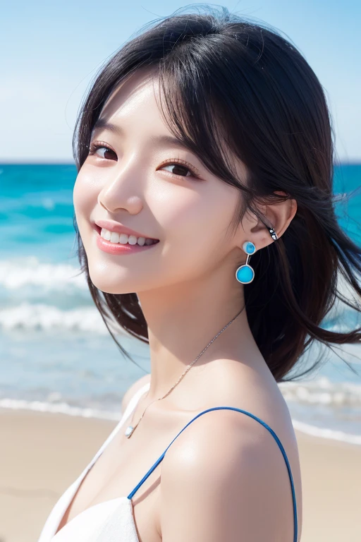 a girl wearing tiny blue sample earring, At the beach, sea, blue sky, sea breeze, half body shoot, Korean, KPOP, happy smile, group, white skin, black hair, jewelry, commercial advertising, white background, laser gradient background, subsurface scattering effect