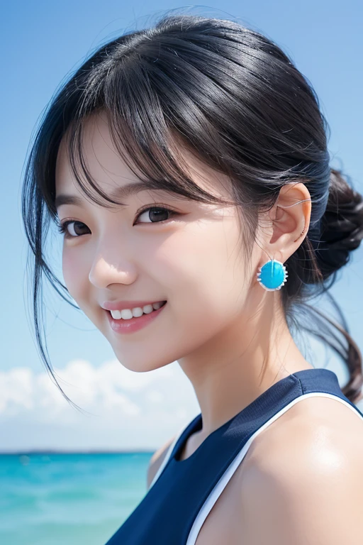 a girl wearing tiny blue sample earring, At the beach, sea, blue sky, sea breeze, half body shoot, Korean, KPOP, happy smile, group, white skin, black hair, jewelry, commercial advertising, white background, laser gradient background, subsurface scattering effect