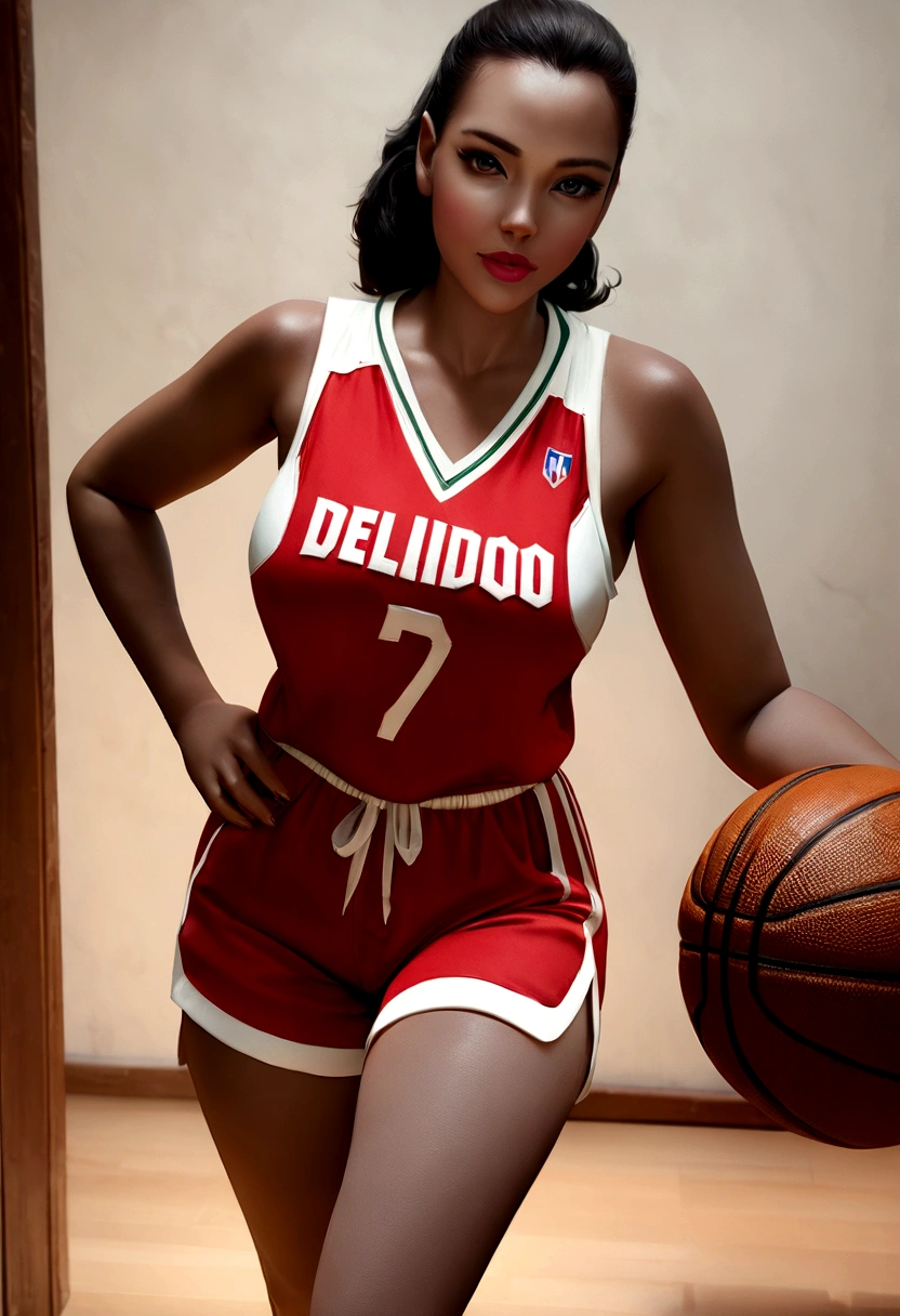 beautiful mature college student, wearing basketball suit, ((Delgado, small)), Baloncesto, Photorealist, Photo, masterpiece, realist, realism, Photorealism, high contrast, Photorealist digital art trending on Artstation 8k HD high definition Detailed realist, Detailed, skin texture, hyper Detailed, realist skin texture, armor, Best Quality, ultra high resolution, (Photorealist:1.4),, high resolution, Detailed, raw Photo, sharp fire, by lee jeffries nikon d850 film stock Photograph 4 kodak portra 400 camera f1.6 lens rich colors hyper realist lifelike texture dramatic lighting unrealengine trending on artstation cinestill 800,satin shorts, Satin top,