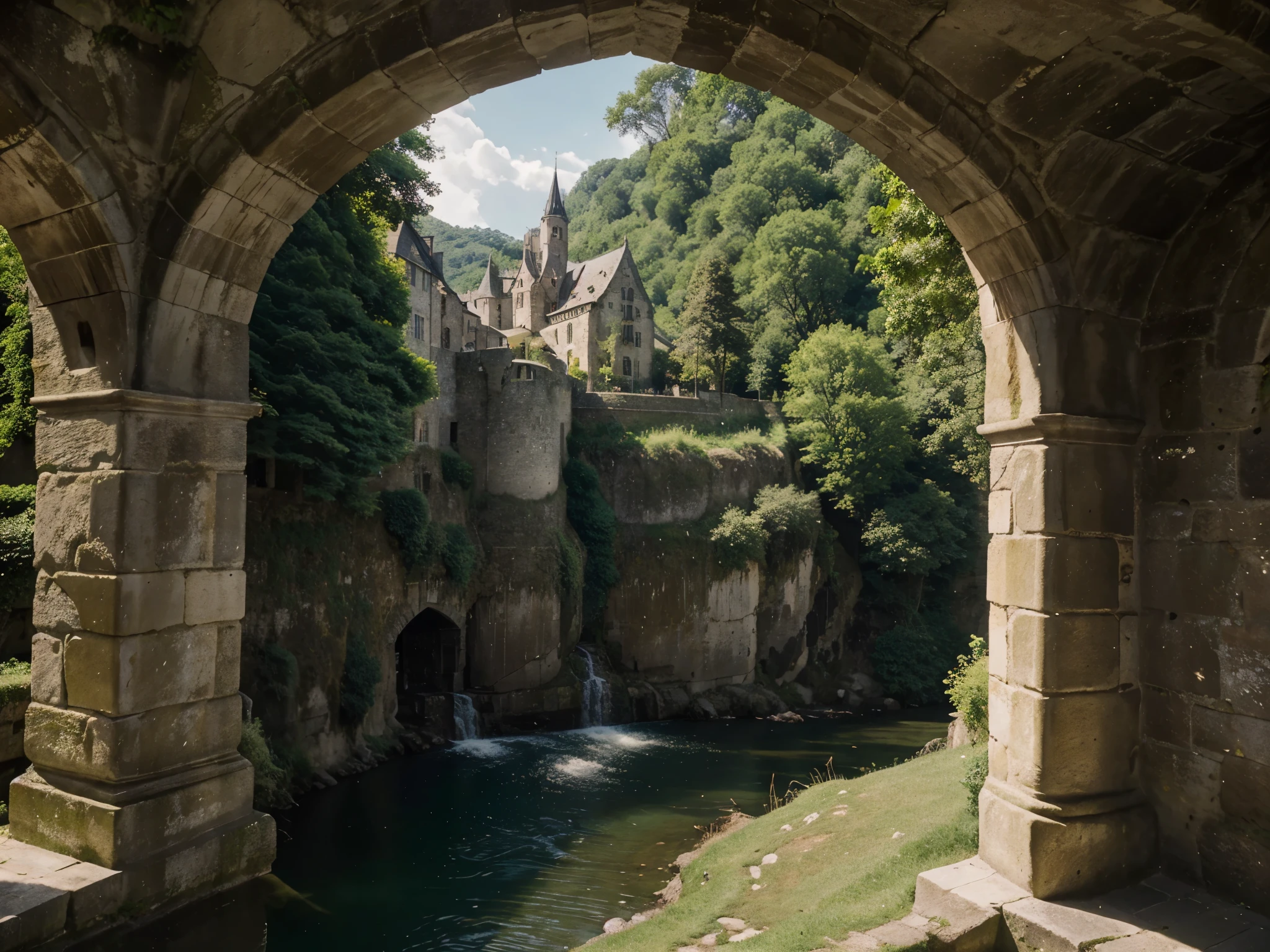 A picturesque medieval castle nestled atop a lush green hill, its stone walls weathered yet regal, overlooking a serene river snaking through the valley below. The scene evokes a sense of timeless grandeur and tranquility. This stunning photograph captures the castle in soft, golden sunlight, highlighting intricate details like ivy climbing the walls and ancient turrets reaching towards the sky. A masterpiece of composition and lighting, this image transports viewers to a bygone era of majestic beauty and solitude.