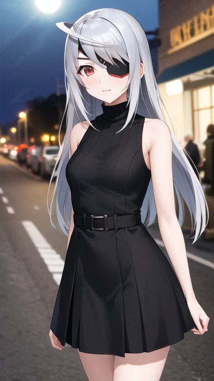 masterpiece, best quality, highres, aalaura, long hair, eyepatch, sweater dress, sleeveless, turtleneck, street, outdoors, night, standing, cowboy shot,