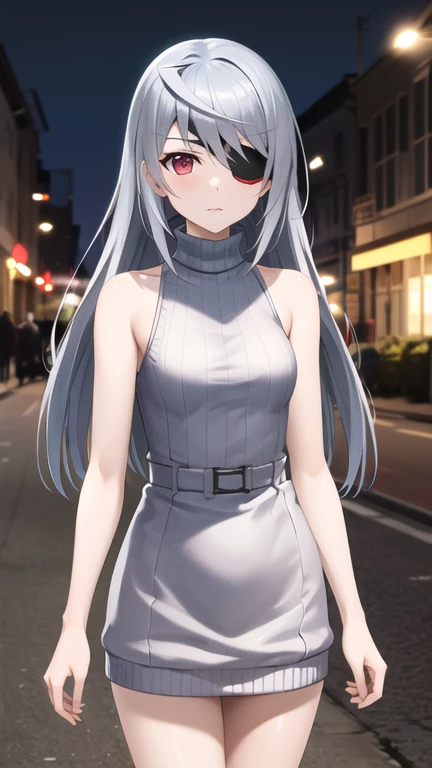 masterpiece, best quality, highres, aalaura, long hair, eyepatch, sweater dress, sleeveless, turtleneck, street, outdoors, night, standing, cowboy shot,