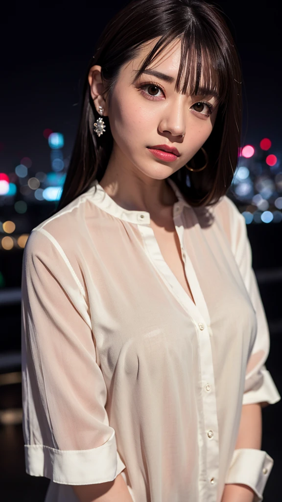 Nikon RAW Photos,8k yen,Fujifilm XT3,masterpiece, Highest quality, Realistic, photoRealistic,Super detailed,One girl,alone,
Close-up portrait,
Diamond Stud Earrings, Long, straight black hair, Hazel Eyes, Serious expression, Black Blazer ,White shirt, White blouse, Standing against the backdrop of the night city skyline ,
Ayaka 1,