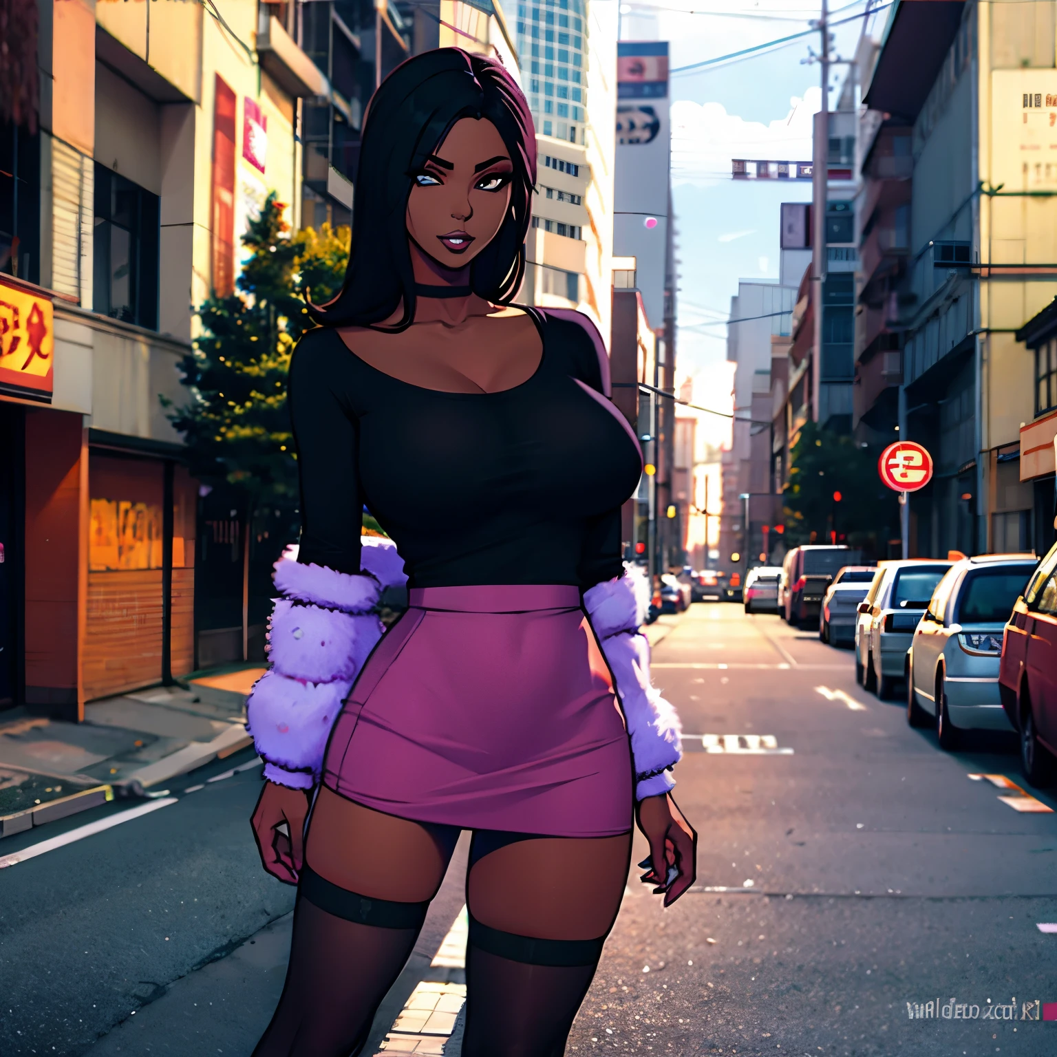 1 girl, dark skin, long hair, black hair, pelo largo,pelo negro, black eyes, ojos negros,chaqueta, jacket, falda, skirt, lenceria, lingerie, medias, stockings, hig heels, breasts, huge bresats, street, japanese street, japan, BlackRealStockings, s4r4hb4nks