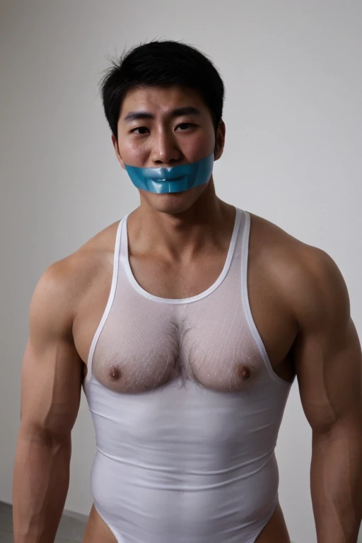 Asian men,tape gag ,hairy chest, white men singlet