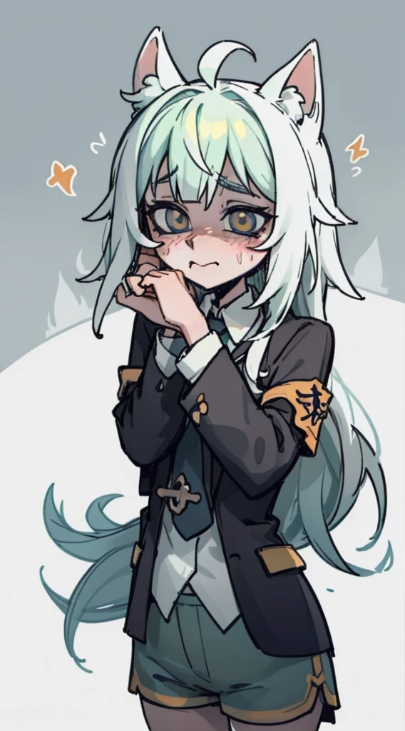 shy, scared, baggy eyes, light green background, cat smile , change , very long hair  ,detailed hands ,light green hair color, blushing, sweat, drops , flushed ,orejas de zorro caidas, uniforme escolar , shorts muy cortos , shorts , extremadamente ruborizada , cuerpo completo ,mangas largas blancas, uniforme azul oscuro , exhala humo por la boca 