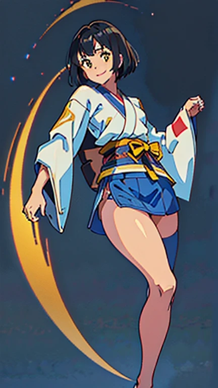 masterpiece, best quality, impressionismo, (Ultra High Resolution: 1.2), (RAW Photo: 1.2), ((dark skin)), short hair, yellow eyes, black hair, beautiful girl smiling, thin, full body, tall girl, ((white male-fighter kimono)), ((blue belt)), ((kawaii)), ((cute)), plan boobs, short boobs, small boobs, (small-breasts:0.5), ((short chest)), ((big butt)), ((wide thigh)), fighting jiu jitsu, dojo background