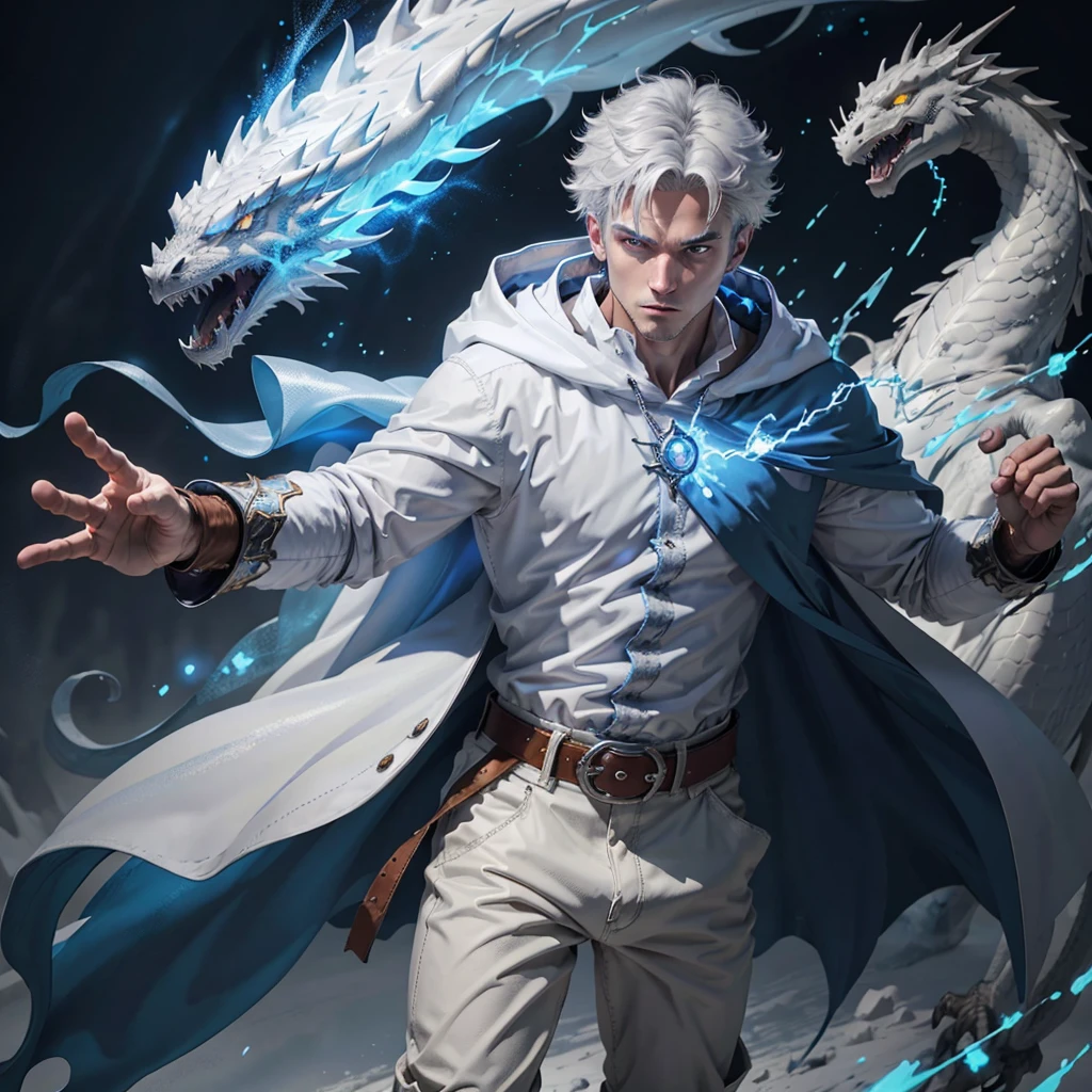 Design 1wizard man shooting a ice beam. Young man with a transparent hooded cape.Light gray hair. Glowing white eyes Wearing a white button-down shirt Wearing blue pants Wearing a brown belt Wearing short brown boots Wearing blue gloves on your hands. Horsing a white dragon