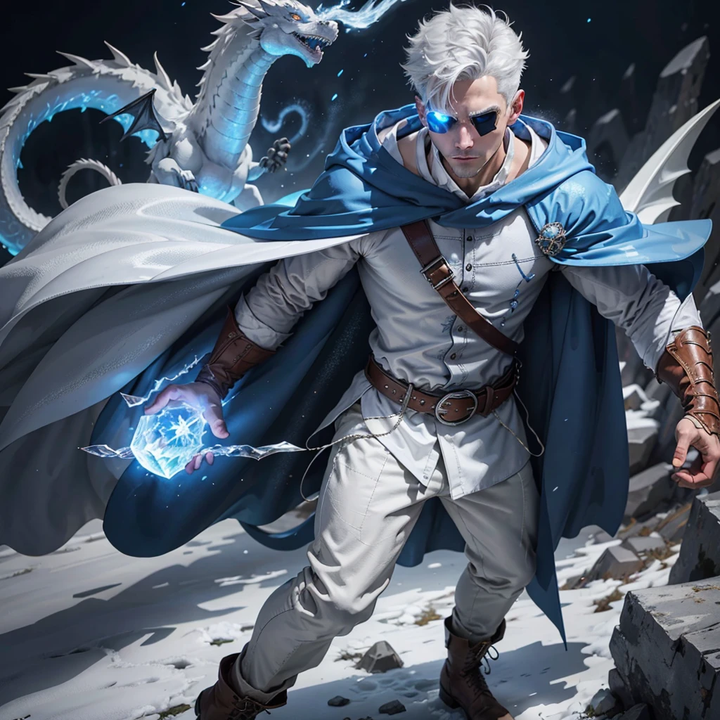 Design 1wizard man shooting a ice beam. Young man with a transparent hooded cape.Light gray hair. Glowing white eyes Wearing a white button-down shirt Wearing blue pants Wearing a brown belt Wearing short brown boots Wearing blue gloves on your hands. Horsing a white dragon