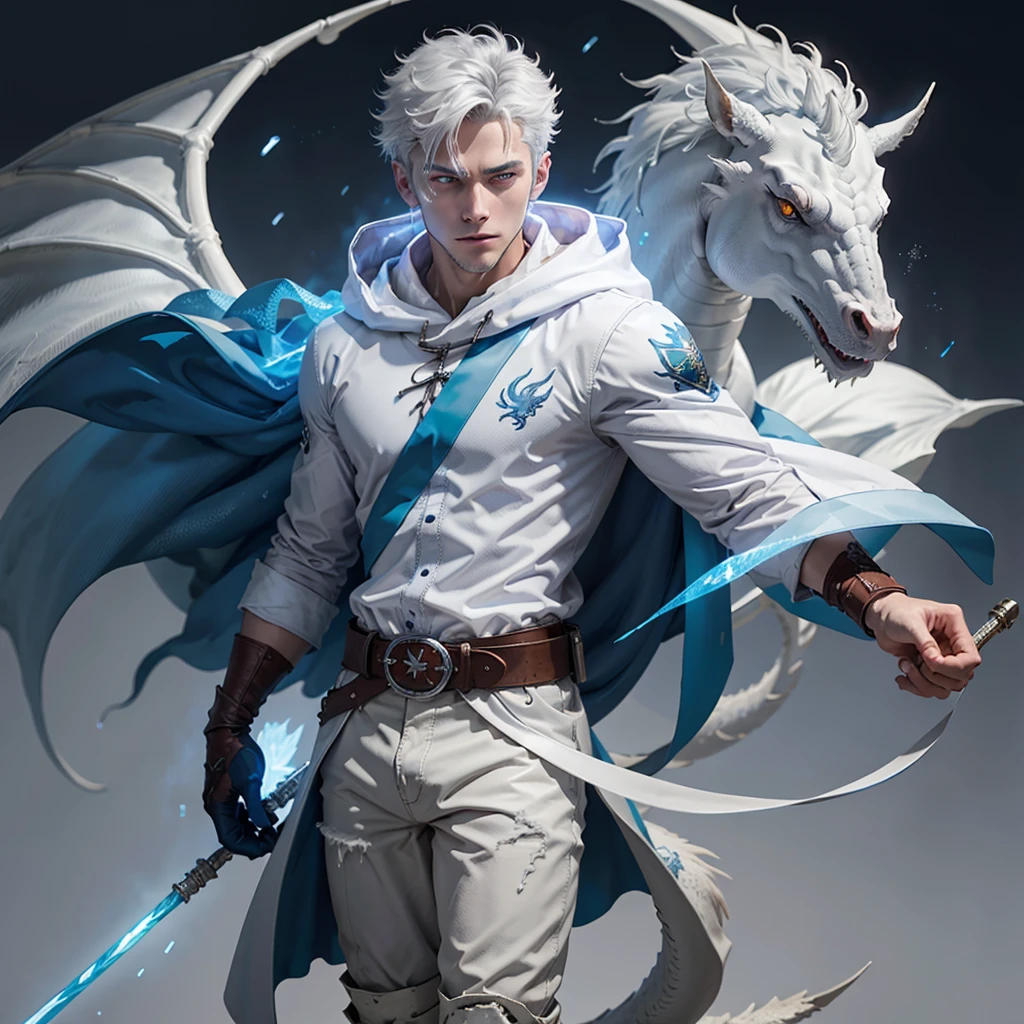 Design 1wizard man shooting a ice beam. Young man with a transparent hooded cape.Light gray hair. Glowing white eyes Wearing a white button-down shirt Wearing blue pants Wearing a brown belt Wearing short brown boots Wearing blue gloves on your hands. Horsing a white dragon