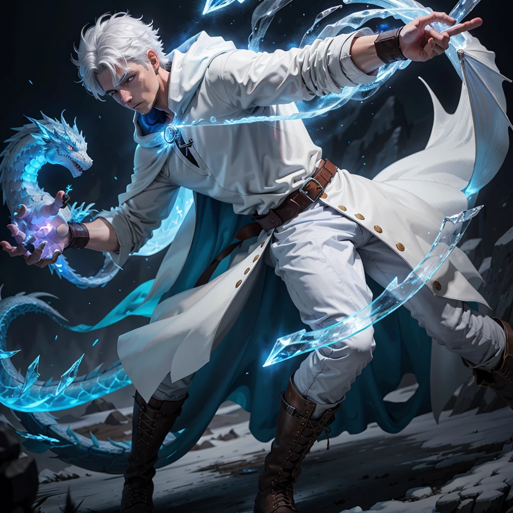 Design 1wizard man shooting a ice beam. Young man with a transparent hooded cape.Light gray hair. Glowing white eyes Wearing a white button-down shirt Wearing blue pants Wearing a brown belt Wearing short brown boots Wearing blue gloves on your hands. Horsing a white dragon