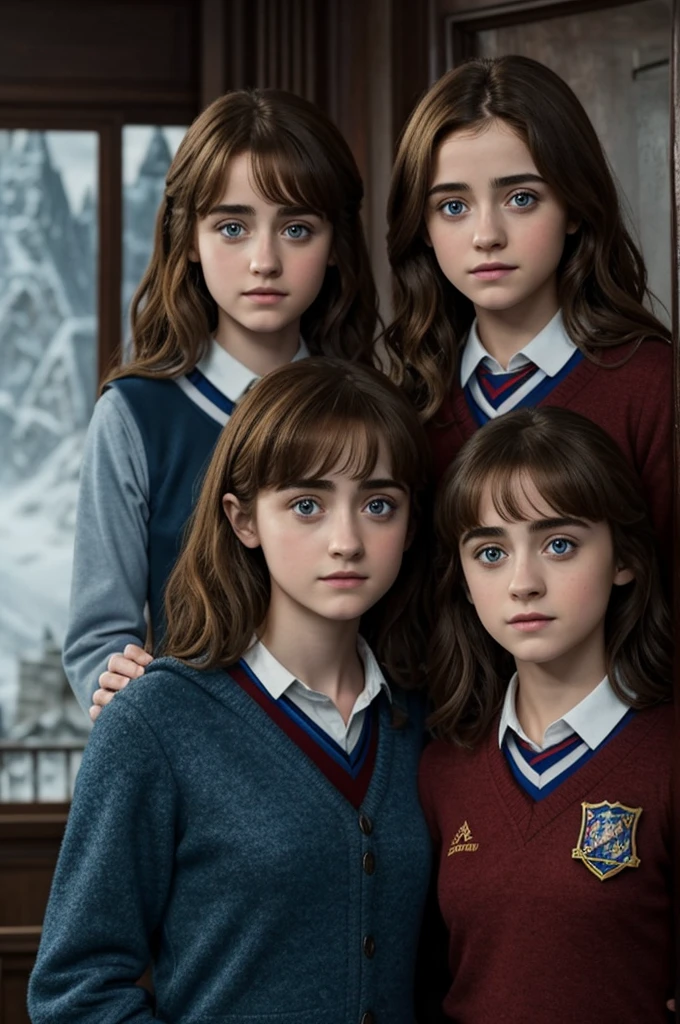 Two girls in love, One is Natalia Dyer, she is 16 years old., He has straight brown hair and very blue eyes., kind. The other girl is Hermione Granger, 17 years, clear skin, wavy brown hair and hazel eyes. In the photo they are hugging, would you be, they look at the camera. Both girls are wearing Hogwarts school uniforms.: Natalia Dyer wears a Ravenclaw uniform and Hermione Granger wears a Gryffindor uniform., digital drawing of video game characters, digital realism, you can see Hogwarts in the background.