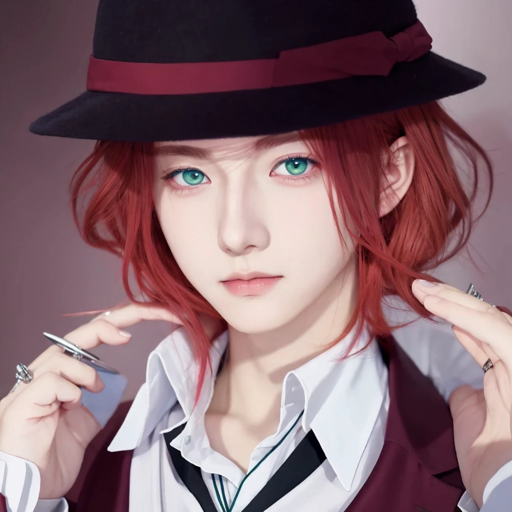 anime boy with red hair and blue eyes in a suit, laito sakamaki, diabolik lovers, anime guy with green eyes, anime handsome man, realistic, ultra details