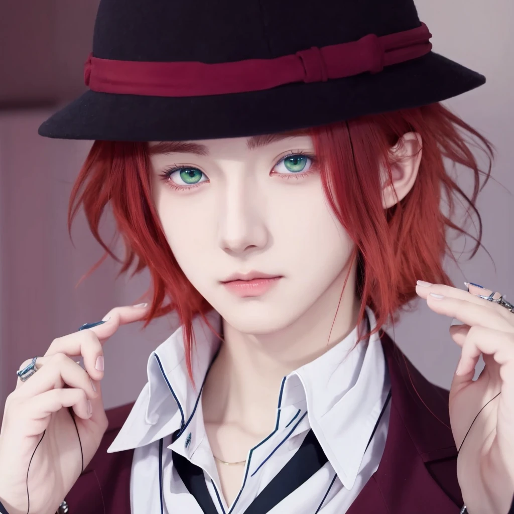 anime boy with red hair and blue eyes in a suit, laito sakamaki, diabolik lovers, anime guy with green eyes, anime handsome man, realistic, ultra details