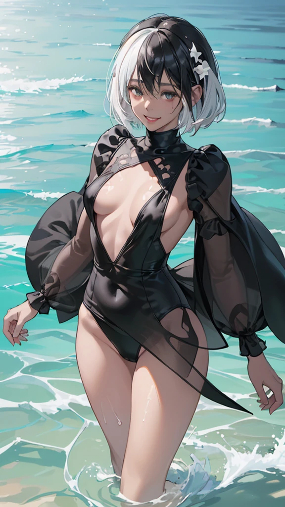 ((High quality)),masutepiece,(Detailed depiction of local details:1.2),2girl,Plump breasts,Enchanted Valley,Closed mouth,Eyelashes,nipple bigboobs,Portrait,White hair,black theme,Short hair,yorha no. 2 Type B,(((White hair and black hair)))、 Full body view、(((Midsummer beach)))((Woman in white swimsuit、Woman in black swimsuit)((Two people smiling))((Light skin and dark skin))(((Black Hair、Dark Skin、Woman in Black Dress)))((white thong))((black thong))((Enjoy swimming in the sea))Sexy Bikini((Splashing water on the beach、((Small breasts))
