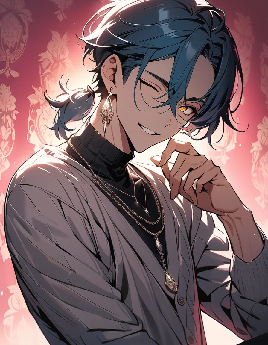 ((((best masterpiece, best quality, wallpaper,)))) solo, guy, male body, small muscles, flat chest, 1male, 30 years old, handsome man, dramatic angle, upper body, looking at viewers, beautiful detailed, finger to mouth, mediumturquoise hair, ((((Lower short ponytail)))), asymmetrical bangs, ((short hair,)) seductive smile, ((( one eye closed, gold eyes,))) (((^o^, tareme, droopy eyes,))) perfect face, sharp nose, seductive smile, clear face, black turtleneck, grey cardigan, ((silver earrings, silver necklace,)) leggings, lighting back, backlighting, pink background color ultrasharp, 8K, masterpiece,