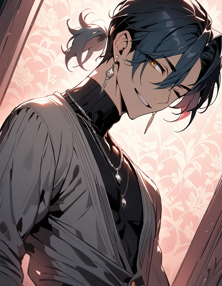 ((((best masterpiece, best quality, wallpaper,)))) solo, guy, male body, small muscles, flat chest, 1male, 30 years old, handsome man, dramatic angle, upper body, looking at viewers, beautiful detailed, finger to mouth, mediumturquoise hair, ((((Lower short ponytail)))), asymmetrical bangs, ((short hair,)) seductive smile, ((( one eye closed, gold eyes,))) (((^o^, tareme, droopy eyes,))) perfect face, sharp nose, seductive smile, clear face, black turtleneck, grey cardigan, ((silver earrings, silver necklace,)) leggings, lighting back, backlighting, pink background color ultrasharp, 8K, masterpiece,