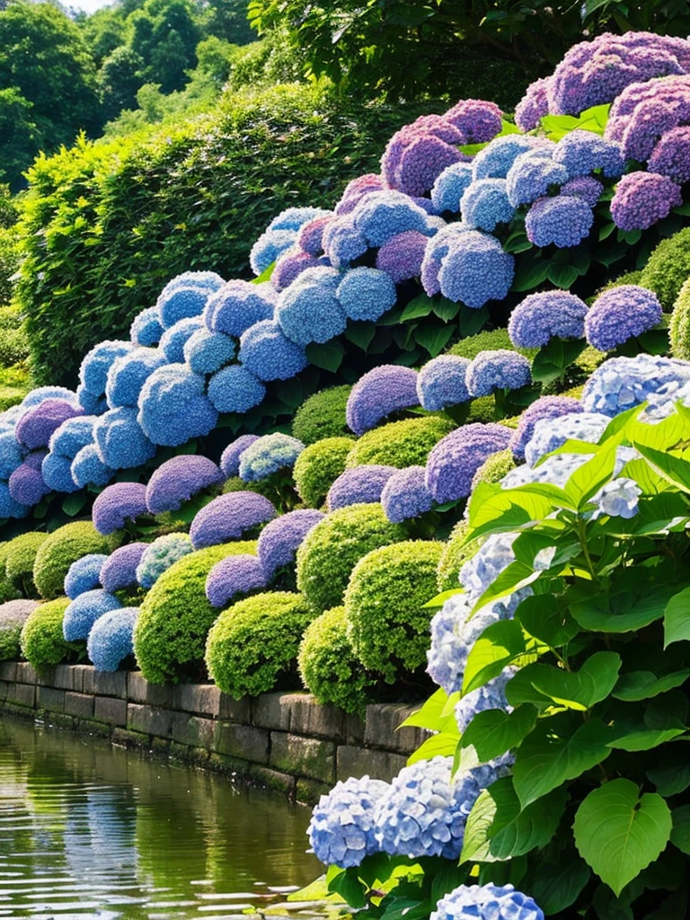 Hydrangea, lake, Small hill, Highest quality, nature