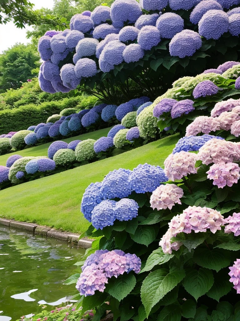 Hydrangea, lake, Small hill, Highest quality, nature