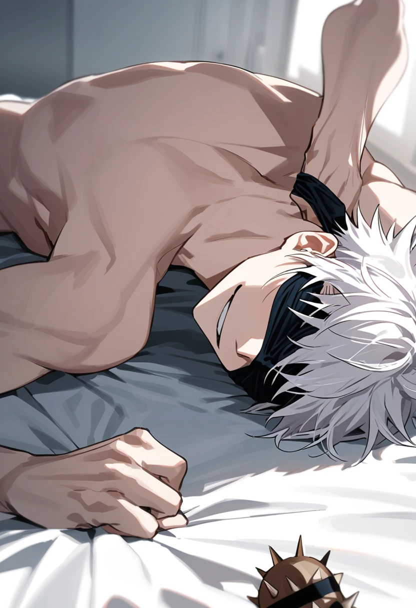 Gojo Satoru from Jujutsu Kaisen 1,spiky white hair, cocky smile and with his blindfold around his eyes , with spiky white hairand cocky smile, lying on a bed half naked 