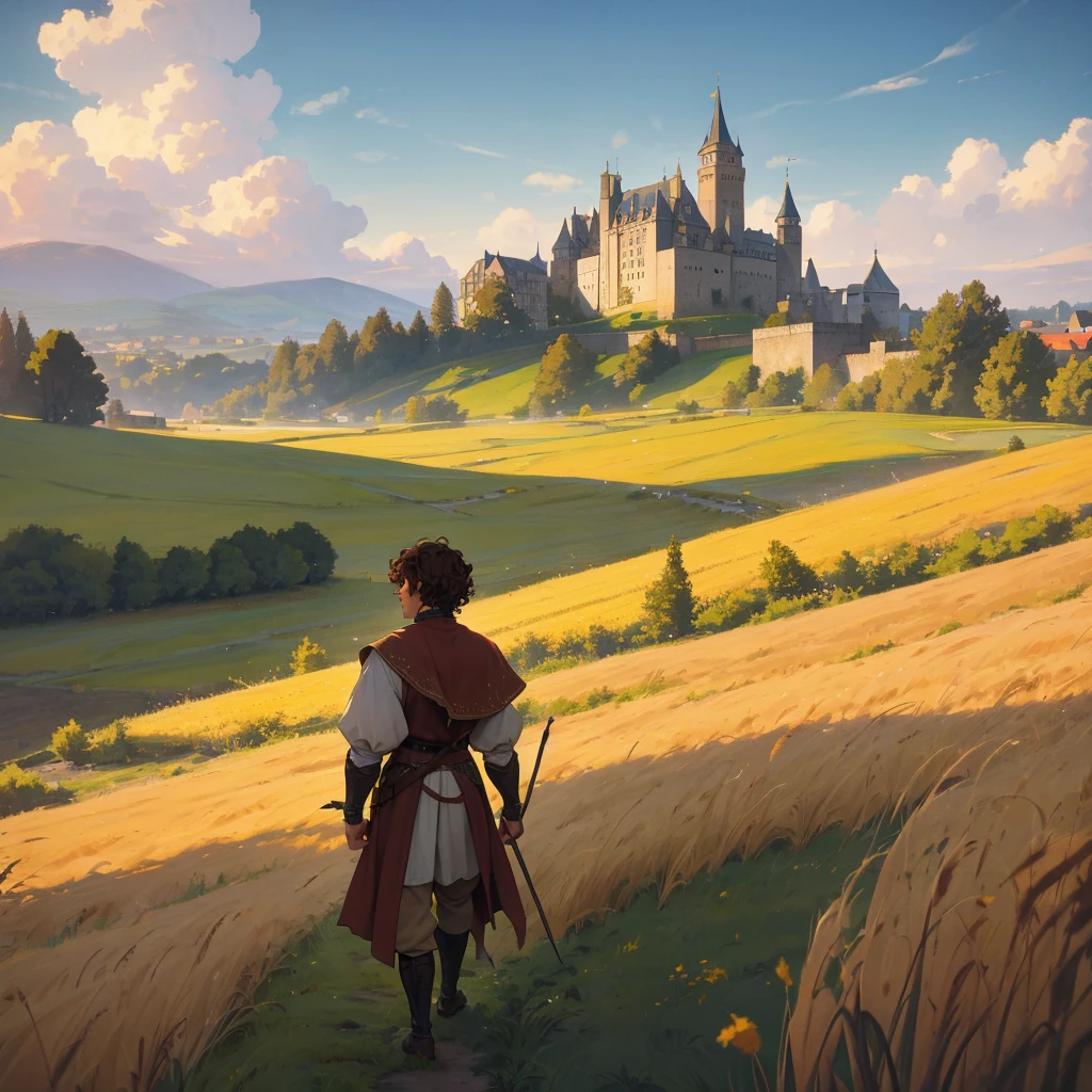 back view short curly brown hair man with medieval outfit walking in the wheatfield and the castle from the distance