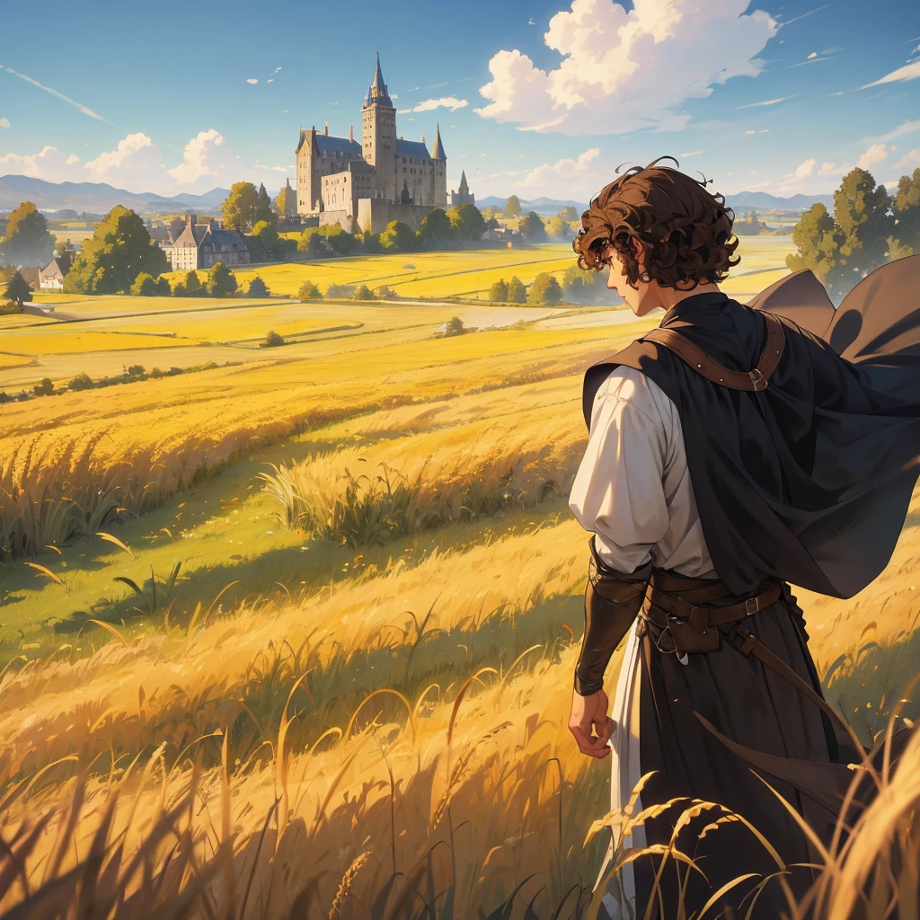 back view short curly brown hair man with medieval outfit walking in the wheatfield and the castle from the distance