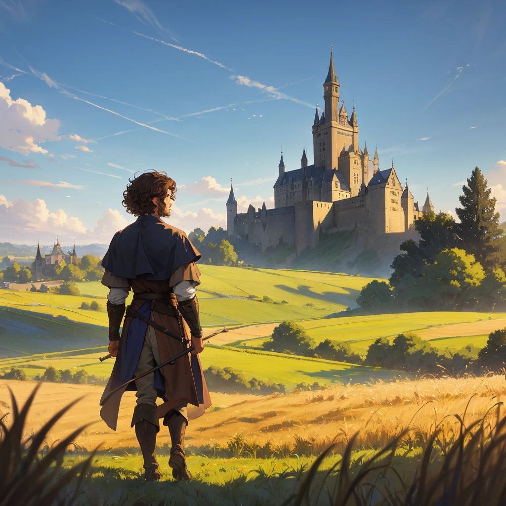 back view short curly brown hair man with medieval outfit walking in the wheatfield and the castle from the distance