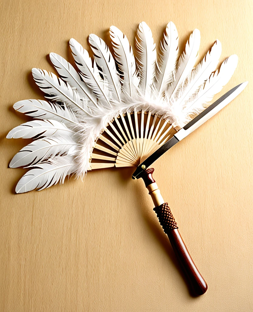 （Handle Feather Fan)、（Wooden handle）、（It is made up of many overlapping feathers.）、(The handle is at the base of the blade.)