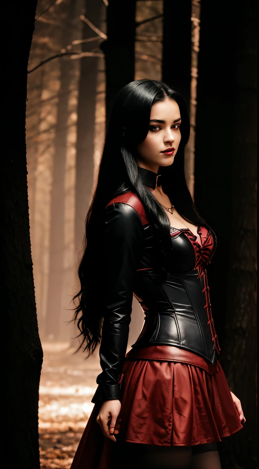 A young girl in a red hood and black boots stands in a dark forest. She is wearing a black leather corset and fishnet stockings. His hair is long and black, and his eyes are dark and piercing. but his expression is one of danger and seduction.

Behind her, a large wolf stands on its hind legs. , and his eyes are glowing red. His teeth are showing, and his tongue is hanging out. 

The image is dark and sensual. It suggests a dangerous and forbidden attraction between the two characters. cinematic, 4k, taken by kodak ultra, lens 105 mm, long exposure time 600 seconds, oscar winning photography