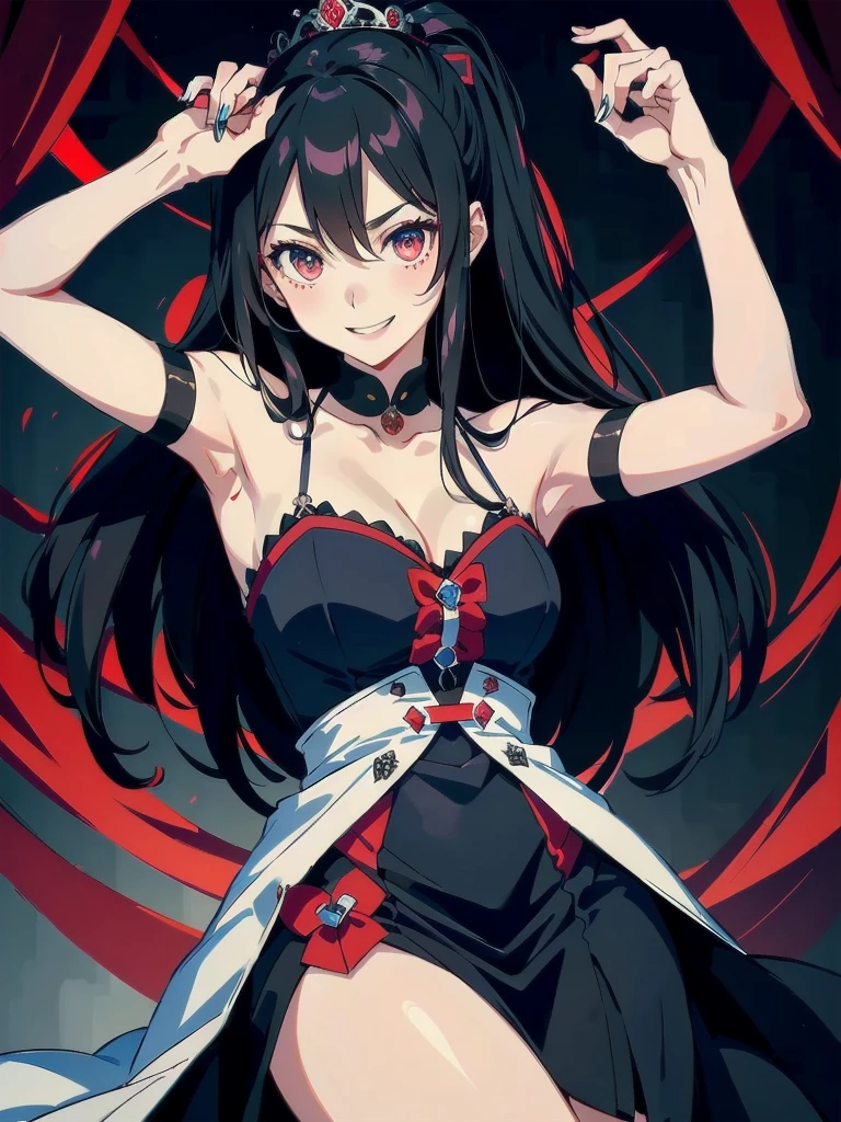(masterpiece), night, Dark room, (crazy, crazy eyes, crazy smile, Yandere:1.2),( 1 female,) Long hair, Mature and elegant,(Adult women,Around 25 years old),((裙子上有很多Blood)), Eyes without light, Blood, blush,Morbid expression,((Yandere)),Royal sister,((The queen's aura)),There are wounds on the hands,Smile