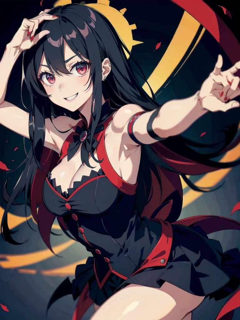 (masterpiece), night, Dark room, (crazy, crazy eyes, crazy smile, Yandere:1.2),( 1 female,) Long hair, Mature and elegant,(Adult women,Around 25 years old),((裙子上有很多Blood)), Eyes without light, Blood, blush,Morbid expression,((Yandere)),Royal sister,((The queen's aura)),There are wounds on the hands,Smile