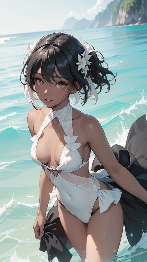 ((High quality)),masutepiece,(Detailed depiction of local details:1.2),2girl,Plump breasts,Enchanted Valley,Closed mouth,Eyelashes,nipple bigboobs,Portrait,White hair,black theme,Short hair,yorha no. 2 Type B,(((White hair and black hair)))、 Full body view、(((Midsummer beach)))((Woman in white swimsuit、Woman in black swimsuit)((Two people smiling))((Light skin and dark skin))(((Black Hair、Dark Skin、Woman in Black Dress)))((white thong))((black thong))((Enjoy swimming in the sea))Sexy Bikini((Splashing water on the beach、((Small breasts))