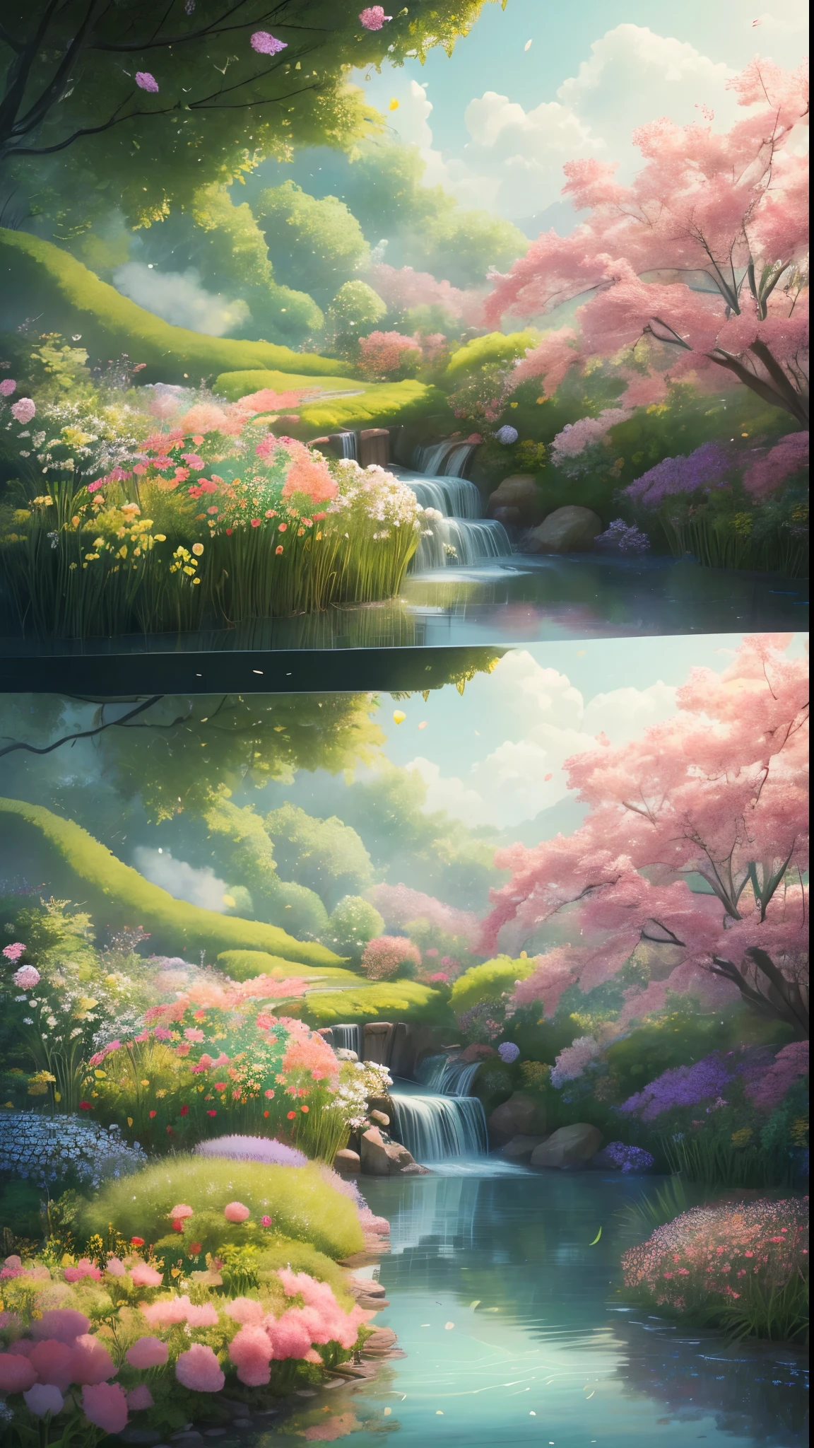 Whimsical fantasy illustration、エレガントなバラFlowersの植物学、Minimalist setting with floral garden waves。Four Seasons Discount々Flowers々Blooming profusely、Floating leisurely in the hazy atmosphere、A flowing, dreamy garden。The color palette is、Pastel Pink、Aqua Green、A captivating blend of pastel apricot、Reminiscent of a smoke fractal、Creates a moody and highly realistic visual experience。 The illustration is、petal、leaf、Accurately captures the delicate beauty of the stem、Rendered in ultra-detailed, high-octane imagery for stunning realism。