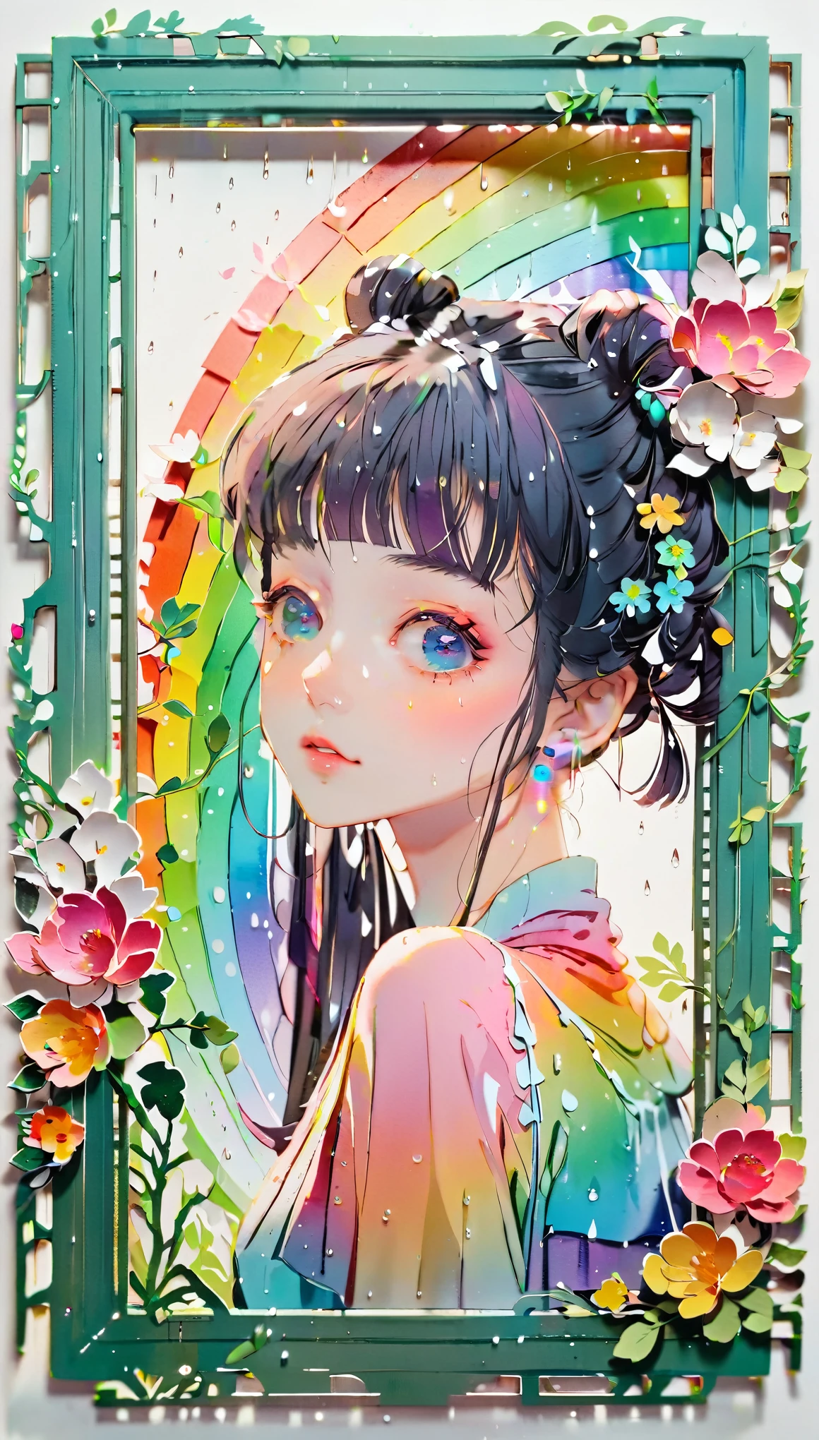 (((paper cutting style))), (frame of illustration is 3D paper cutting: 1.2), (random fashion), (random angle), (random hairstyle), (random hair color), (random hair length), 1 girl, rainbow, rain, unclear