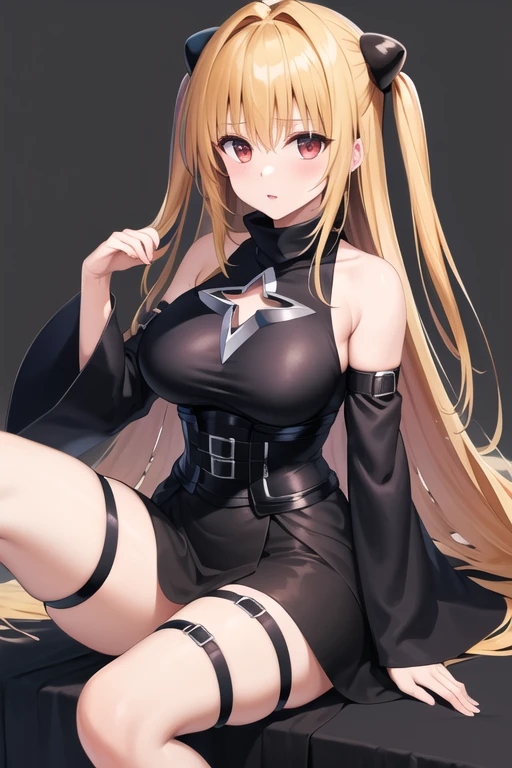 masterpiece, best quality, highres, aayami, very long hair, two side up, hair ornament, bare shoulders, black dress, clothing cutout, large breasts, detached sleeves, belt, thick legs, thigh strap, sitting, knees up, cowboy shot,