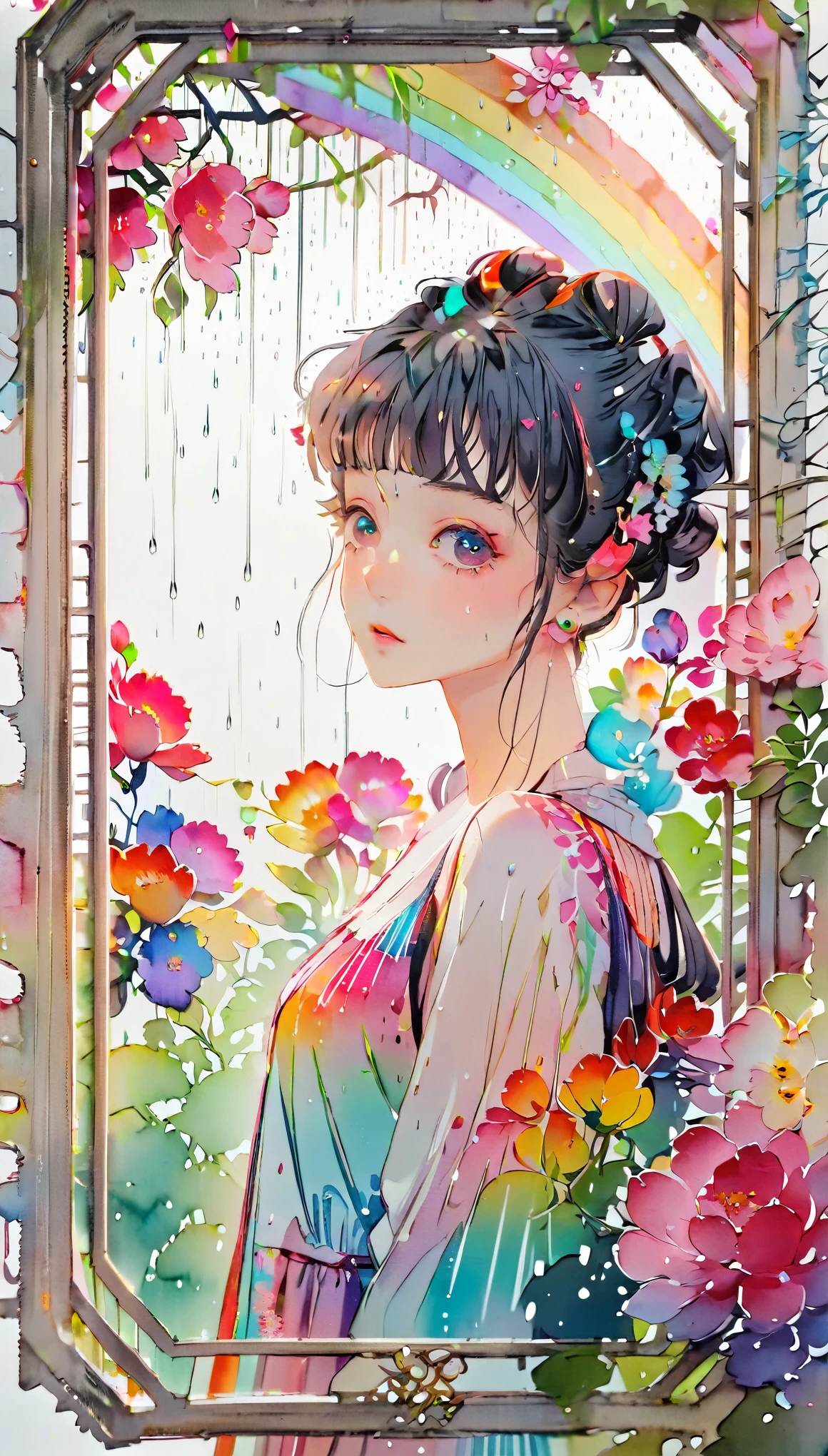 (((paper cutting style))), (frame of illustration is 3D paper cutting: 1.2), (random fashion), (random angle), (random hairstyle), (random hair color), (random hair length), 1 girl, rainbow, rain, unclear