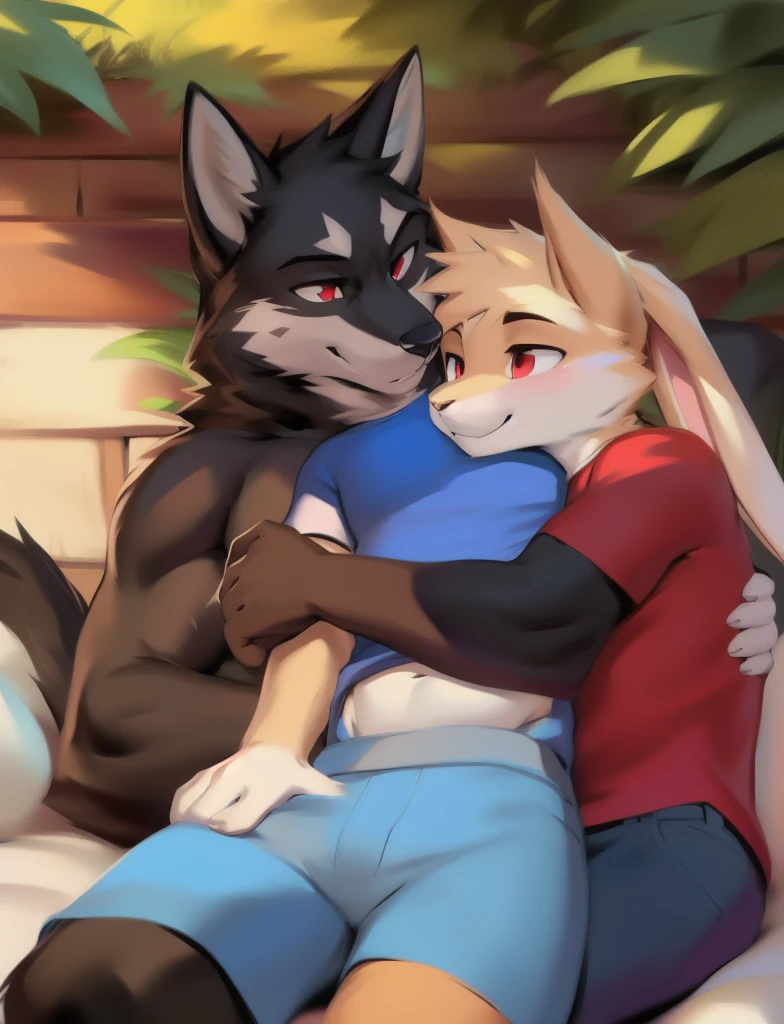 White rabbit with blue eyes wearing blue tshirt and khaki shorts cuddling with black wolf with red eyes wearing white tshirt and jeans, detailed, detailed background, by zackary911, by chunie