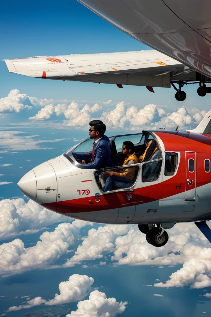 Passengers sitting on the top of a flying airplane,
Sky, air India flight, clouds, high quality, ultra hd, defined image 