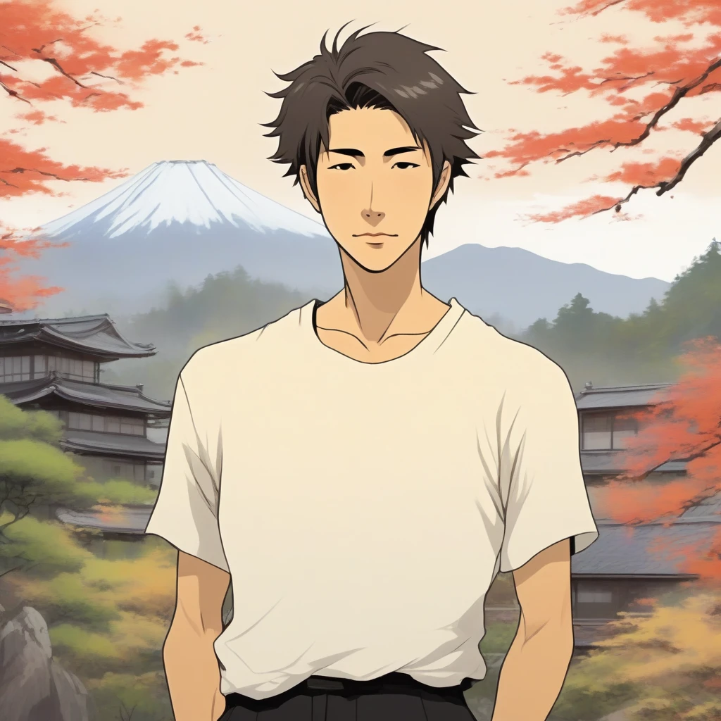 A gentle and warm illustration of a Japanese man in his early 30s with short hair, wearing a white T-shirt and black pants. He is slim and about 170cm tall, with a friendly rather than handsome face. He has a gentle smile and a slightly melancholic look in his eyes. The background is a beautiful landscape where digital and nature are fused. The overall style should be natural and approachable, emphasizing trustworthiness.