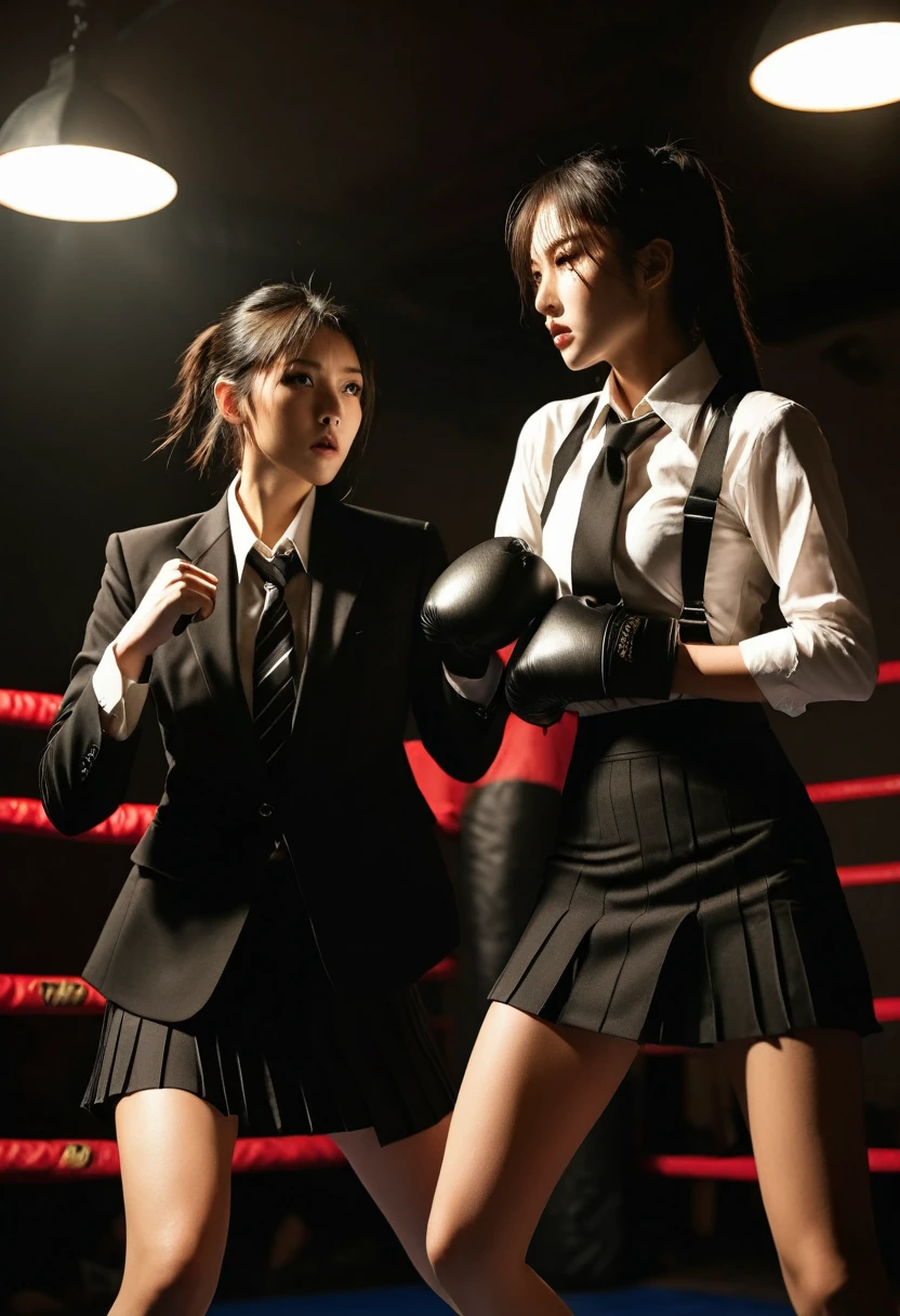 Female wearing suit and tie intense fighting in boxing ring, black suit, (three-piece suit), skirt suit, necktie, bodycon miniskirt, pantyhose, waistcoat, dynamic lighting, in the dark, deep shadow, low key, cowboy shot full-lenght body,fight stance, taunting, winning pose, preppy style, powerfull fight stance, focus, she win the fight pose, professional fighter fight stance, domination fight, avoiding punch