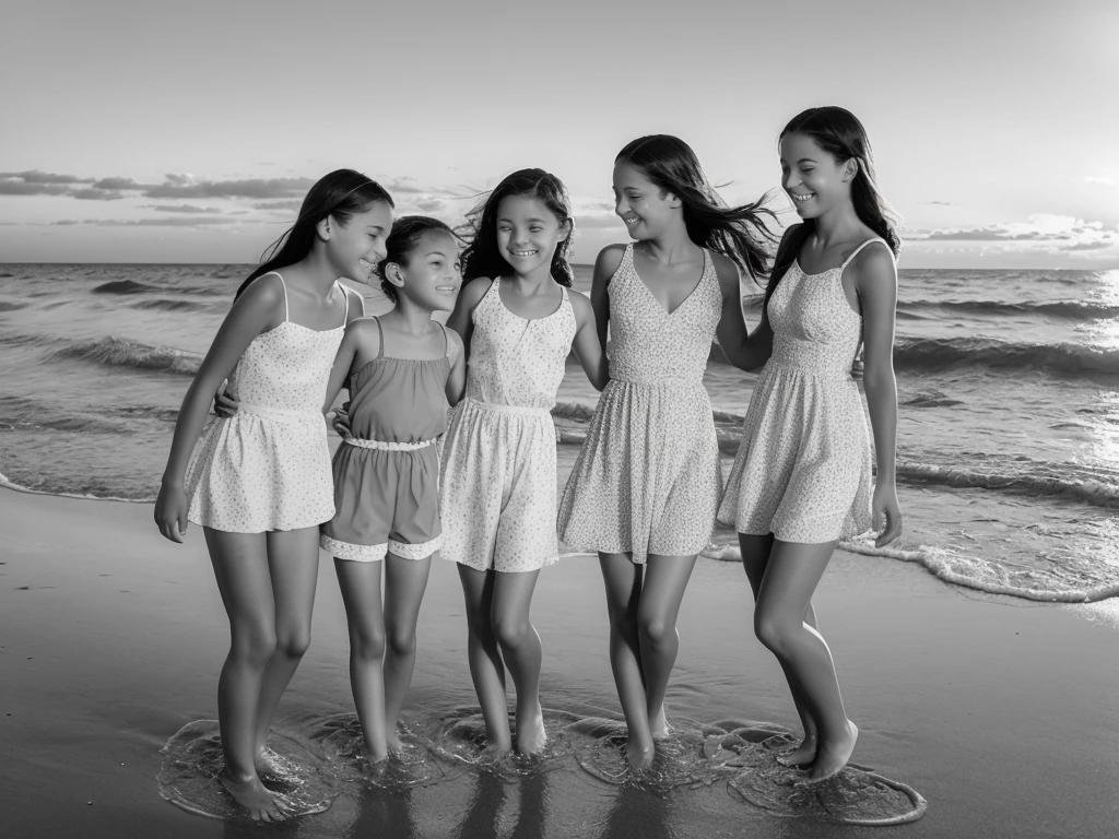 A nostalgic scene featuring (three girls), paddling in shallow ocean water. a girl of about , stands in the middle, holding hands with her two younger cousins. The girls stand still, smiling through their hair as it gently blows in the breeze. The setting is a sunny day with a clear sky and sparkling water. The background includes a sandy shore with a few scattered shells and gentle waves lapping at their feet. The (three girls) are dressed in light, frock, (black and white), (monochrome), high contrasts 