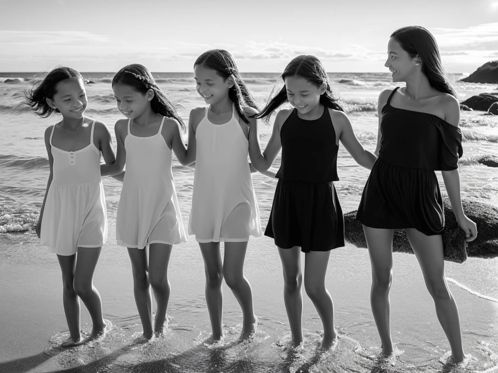 A nostalgic scene featuring (three girls), paddling in shallow ocean water. a girl of about , stands in the middle, holding hands with her two younger cousins. The girls stand still, smiling through their hair as it gently blows in the breeze. The setting is a sunny day with a clear sky and sparkling water. The background includes a sandy shore with a few scattered shells and gentle waves lapping at their feet. The (three girls) are dressed in light, frock, (black and white), (monochrome), high contrasts 