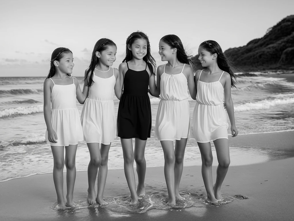 A nostalgic scene featuring (three girls), paddling in shallow ocean water. a girl of about twelve years old, stands in the middle, holding hands with her two younger cousins. The girls stand still, smiling through their hair as it gently blows in the breeze. The setting is a sunny day with a clear sky and sparkling water. The background includes a sandy shore with a few scattered shells and gentle waves lapping at their feet. The (three girls) are dressed in light, frock, (black and white), (monochrome), high contrasts 