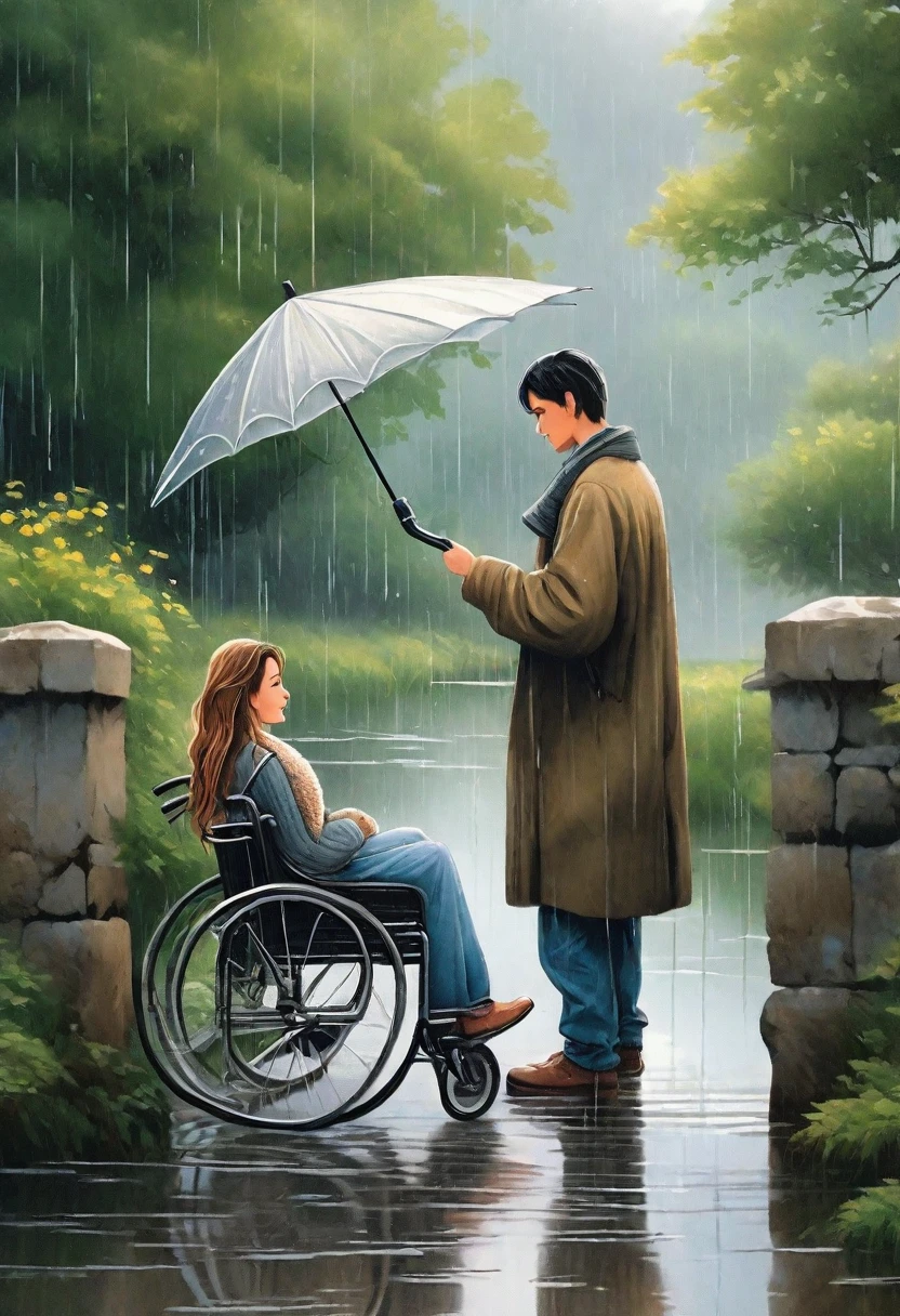 A touching scene on a picturesque bridge during a rainy day. A young man is standing next to a girl sitting in a wheelchair, holding an umbrella over her to keep her dry. The young man has a gentle smile and is dressed in a casual jacket and jeans, while the girl is wearing a warm sweater with a blanket over her lap. The bridge, made of old stone with ornate railings, stretches over a calm river, with raindrops creating ripples on the water's surface. The background showcases a misty, lush landscape with trees and distant hills, adding a romantic and serene ambiance to the scene. The overall mood is one of care, compassion, and serene beauty.
