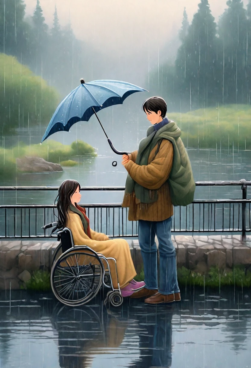 A touching scene on a picturesque bridge during a rainy day. A young man is standing next to a girl sitting in a wheelchair, holding an umbrella over her to keep her dry. The young man has a gentle smile and is dressed in a casual jacket and jeans, while the girl is wearing a warm sweater with a blanket over her lap. The bridge, made of old stone with ornate railings, stretches over a calm river, with raindrops creating ripples on the water's surface. The background showcases a misty, lush landscape with trees and distant hills, adding a romantic and serene ambiance to the scene. The overall mood is one of care, compassion, and serene beauty.