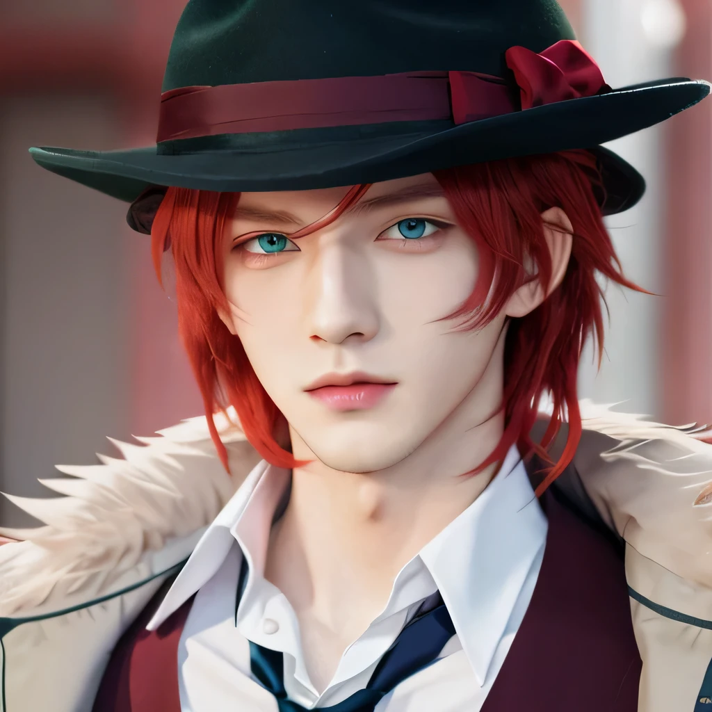 anime boy with red hair and blue eyes in a suit, laito sakamaki, diabolik lovers, anime guy with green eyes, anime handsome man, realistic, ultra details