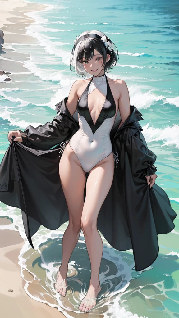 ((High quality)),masutepiece,(Detailed depiction of local details:1.2),2girl,Plump breasts,Enchanted Valley,Closed mouth,Eyelashes,nipple bigboobs,Portrait,White hair,black theme,Short hair,yorha no. 2 Type B,(((White hair and black hair)))、 Full body view、(((Midsummer beach)))((Woman in white swimsuit、Woman in black swimsuit)((Two people smiling))((Light skin and dark skin))(((Black Hair、Dark Skin、Woman in Black Dress)))((white thong))((black thong))((Enjoy swimming in the sea))Sexy Bikini((Splashing water on the beach、((Small breasts))