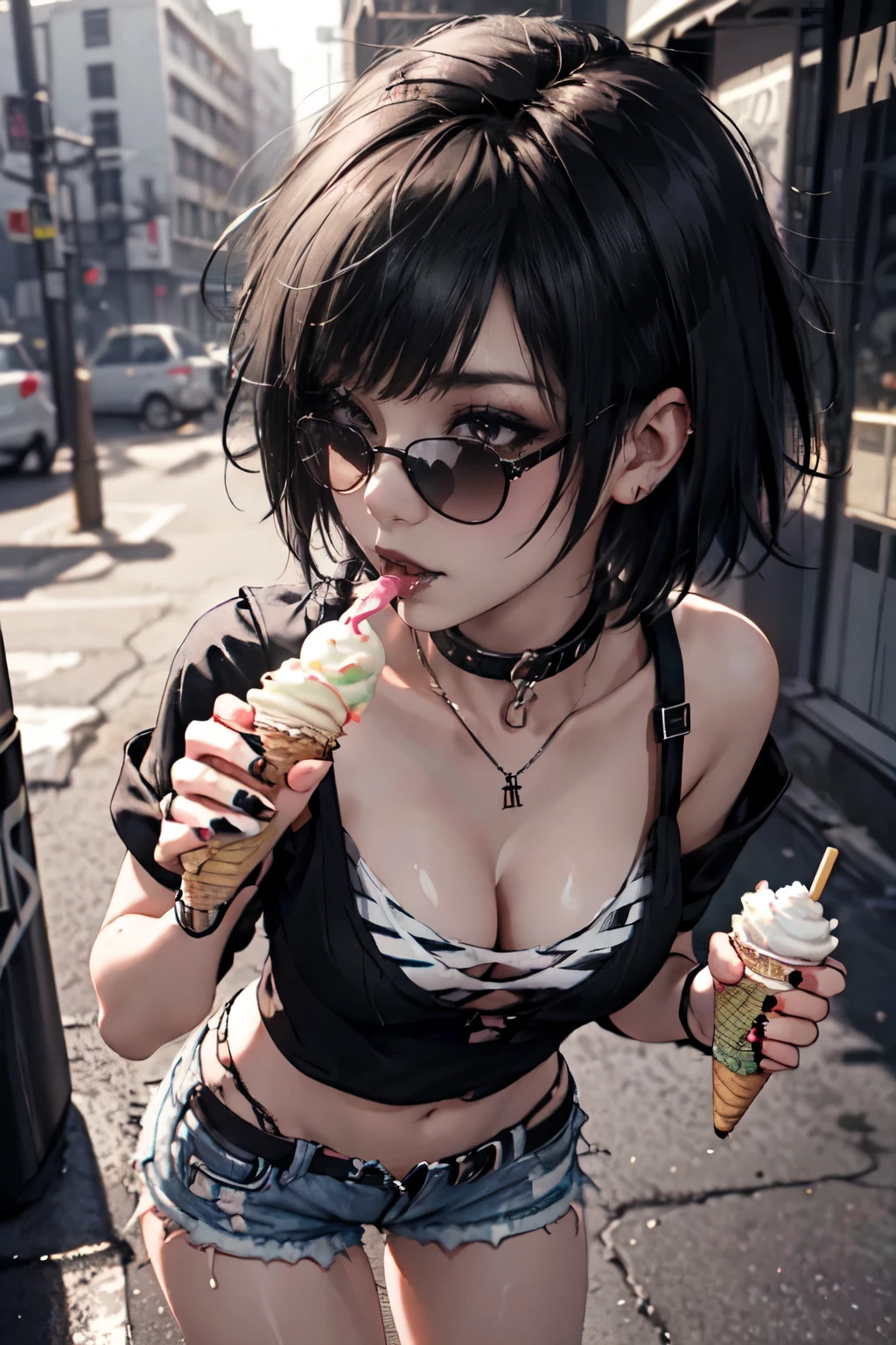 Girl, woman, emo_hairstyle, black lipstick, dog collar, eyeliner, eye shadow, smoky eyes, realistic lighting, short hair, cleavage, standing up, white tight open-cut top, tight short shorts, punk, sunglasses, licking ice-cream sticks.